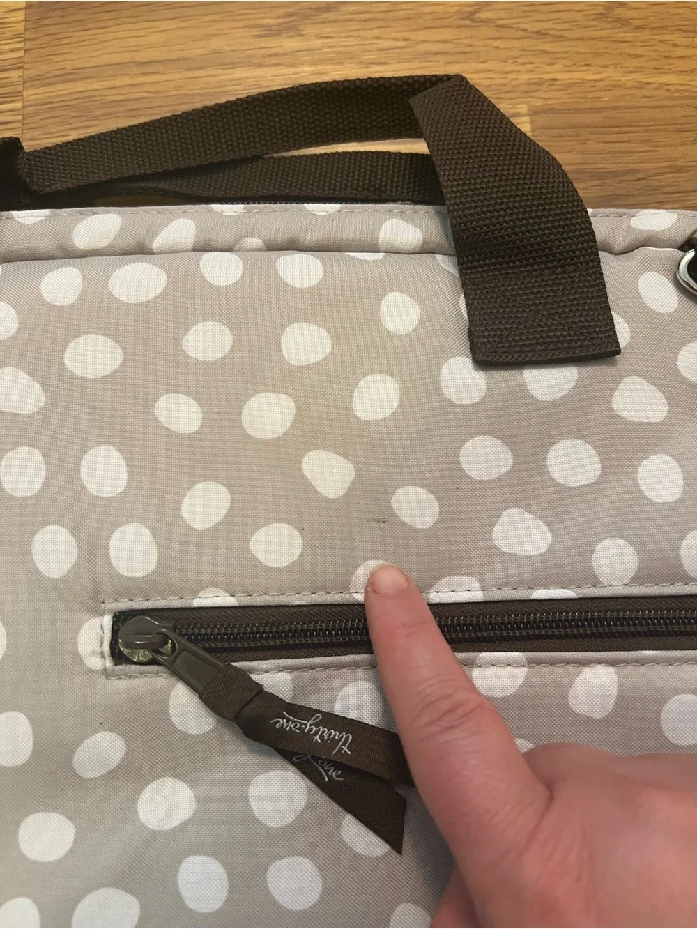 Vera Bradley waterproof Taupe and White Polka Dot Padded Laptop Sleeve Tote